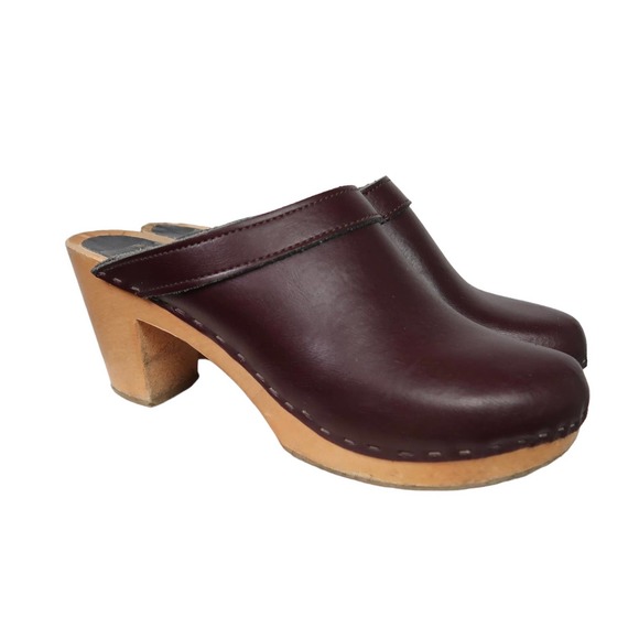 Sven Shoes - Sven Chocolate Brown Leather Wooden Heeled Clogs 40